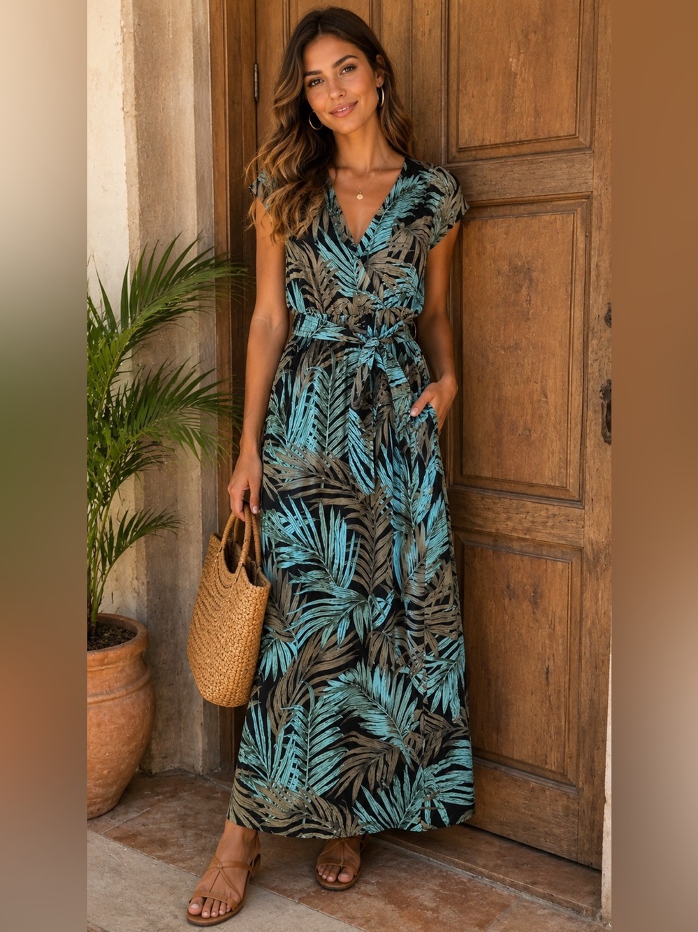 🌸H&M Tropical Palm Leaf Print Belted Maxi Dress Black Teal Brown XS
